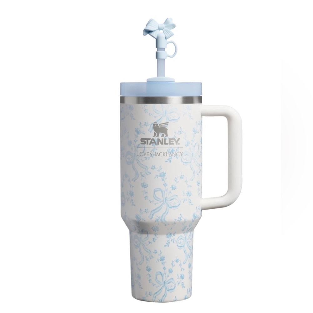 Stanley White Travel Tumbler with Light Blue Floral Bow Accents